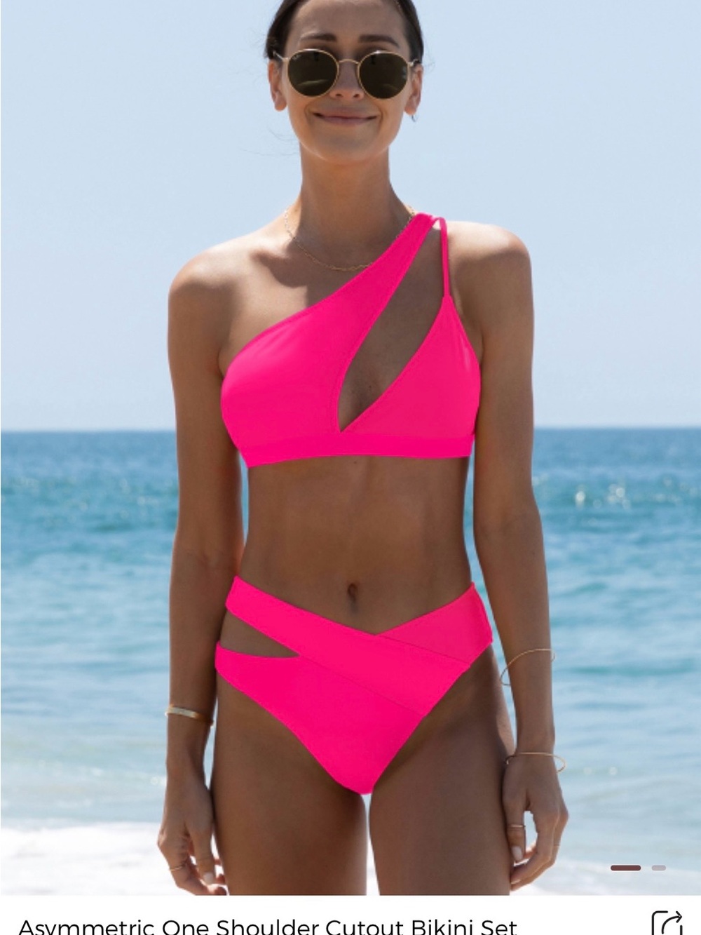 Asymmetric One-Shoulder Cutout Bikini Set - Hot Pink
